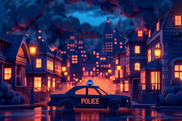 Charming illustration of paper police car in a whimsical cartoon style town