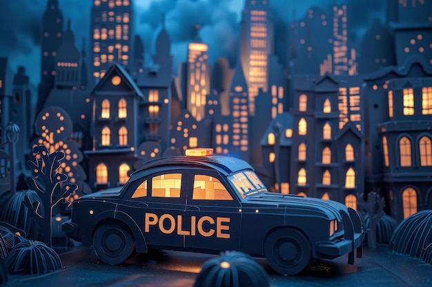 Charming illustration of paper police car in a whimsical cartoon style town