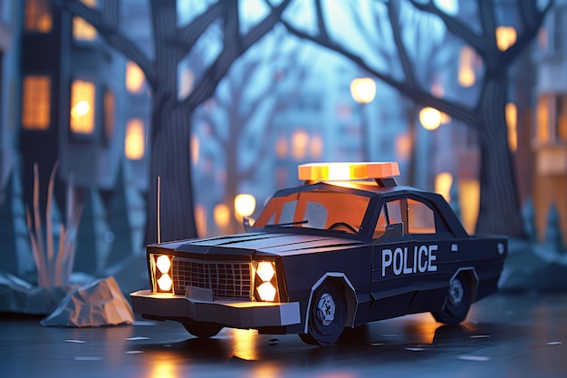 Charming illustration of paper police car in a whimsical cartoon style town