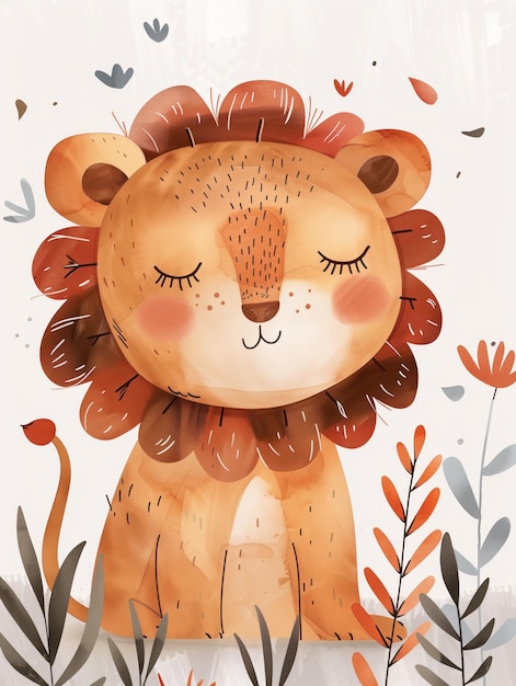 Photo charming illustration of a serene lion among whimsical foliage