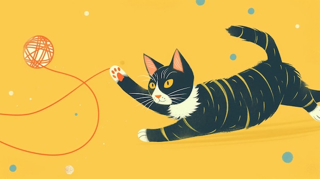 Charming illustration of a striped cat in midpounce playfully chasing a red ball of yarn