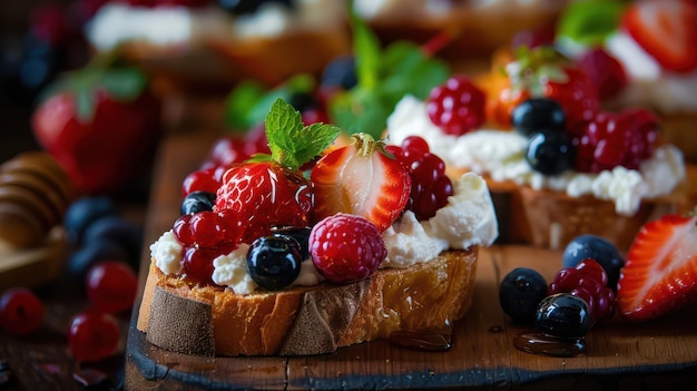 A charming image of a breakfast bruschetta with toasted bread topped with ricotta