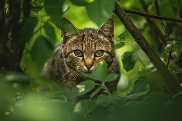 Photo a charming image of a european wildcat stealthily moving through a dense forest underbrush