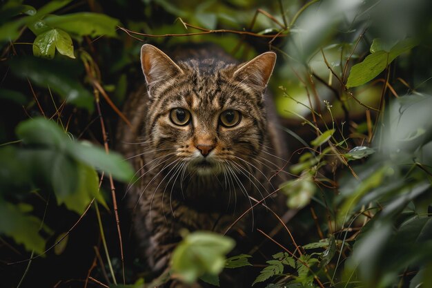 Photo a charming image of a european wildcat stealthily moving through a dense forest underbrush