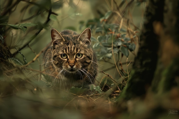 Photo a charming image of a european wildcat stealthily moving through a dense forest underbrush