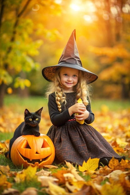 Charming Image of a Little Witch Holding a Pumpkin with a Black Cat for Halloween Celebrations