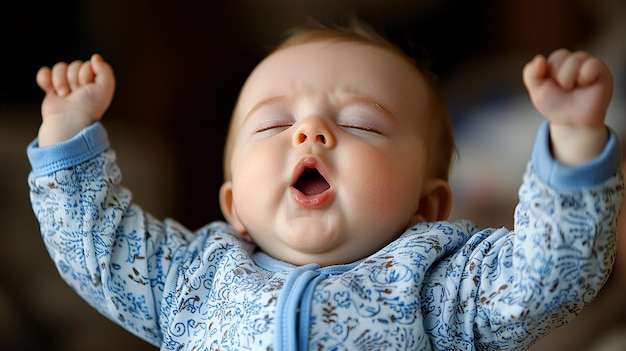 Charming Image of a Tiny Baby Yawning with Arms Stretched in an Adorable Sleepy Moment