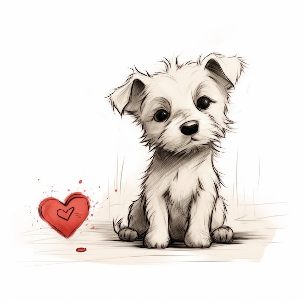 Charming Ink Drawing Of Terrier Puppy Holding Heart