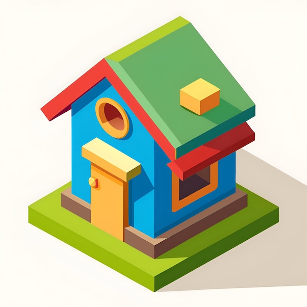 Charming isometric illustration of a colorful house with a red roof green lawn and yellow door