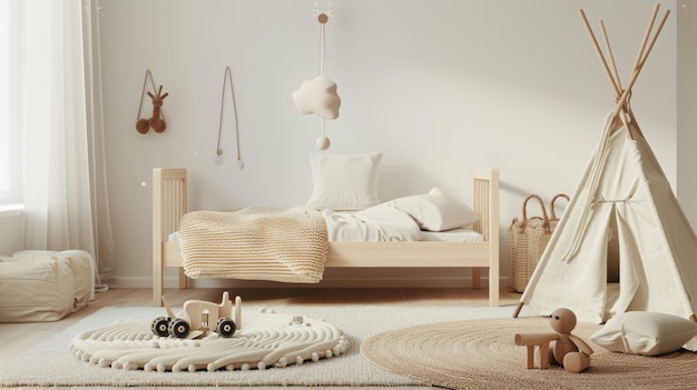 Charming japandi style childs bedroom with natural elements and toys