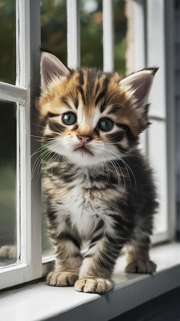 Charming kitten with attractive coloring eyes wide open standing on white window