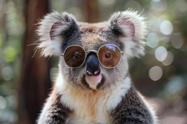 Charming koala with sunglasses poses for a whimsical portrait in a natural setting