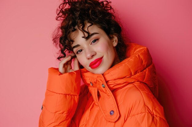 Charming lady with red lipstick and curly hair in ecocoat