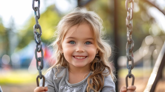 A charming little girl is sitting on a swing