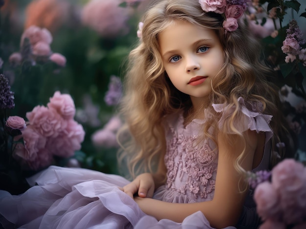 Charming Little Girl in Pink Dress Enjoys a Beautiful Day in a Blooming Lilac Garden