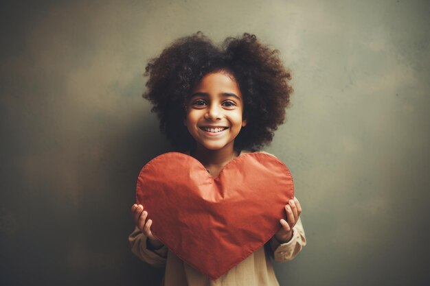 Charming little girl smiling happily while holding a large heart shaped paper with innocence and joy