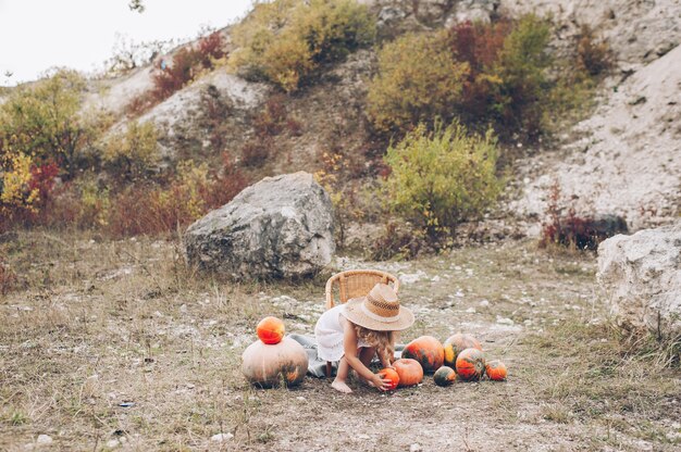 charming little girl in a straw hat, wicker chair, pumpkins, autumn