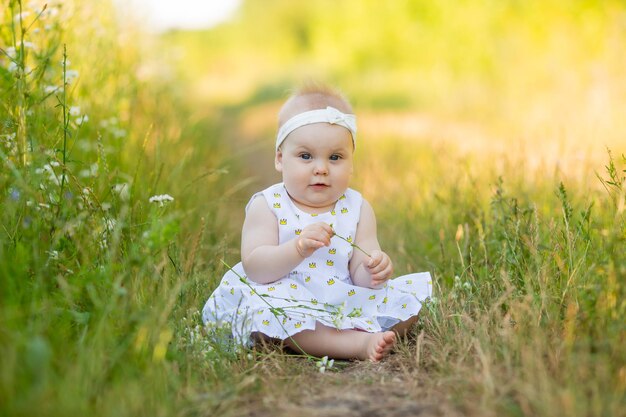 Charming little girl in a white dress is sitting on a flower meadow child playing outdoors lifestyle