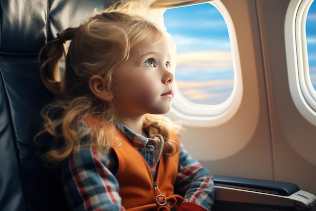 charming little girl with blond hair looks carefully out the airplane window