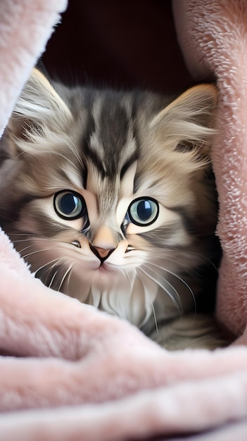 Charming Little Kitten with Twinkling Eyes and Soft Fur in a Warm Household Setting