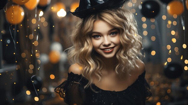 Photo charming longhaired woman celebrating halloween with enthusiasm