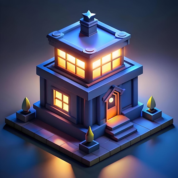 A charming low poly 3D illustration of a house with a glowing window perfect for game assets websites and social media