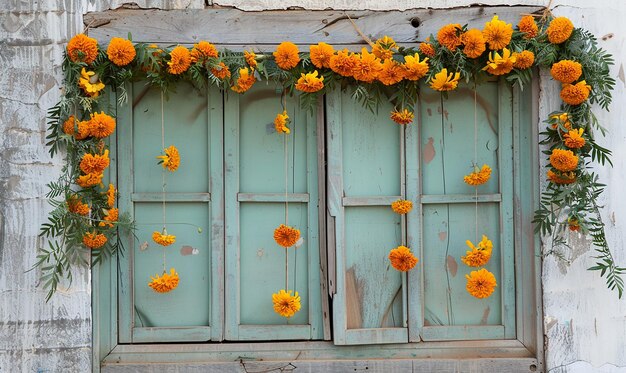 Charming Marigold Garland on Vintage Window