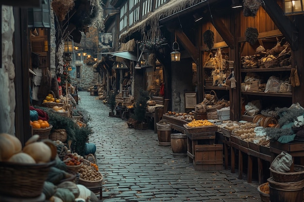 Photo charming medieval market street with seasonal produce and cobblestone path