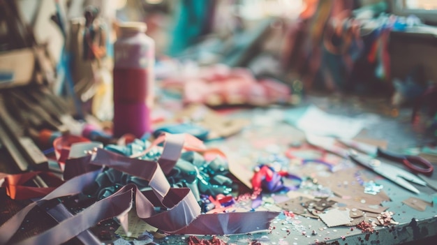 Photo a charming mess of defocused papers ribbons and embellishments covering the tables