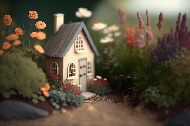 A charming miniature house amidst blooming garden flowers captured in closeup with depth of field Generative AI