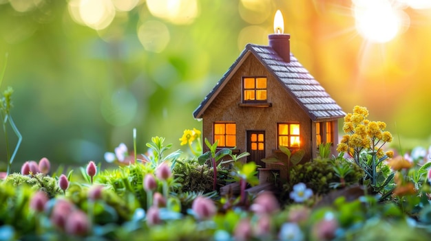 Charming miniature house with glowing windows nestled in a vibrant garden setting at sunset