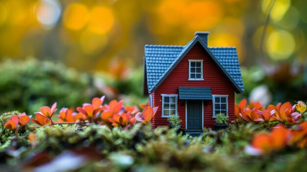 A charming miniature red house placed among vibrant autumn leaves representing solitude and peaceful