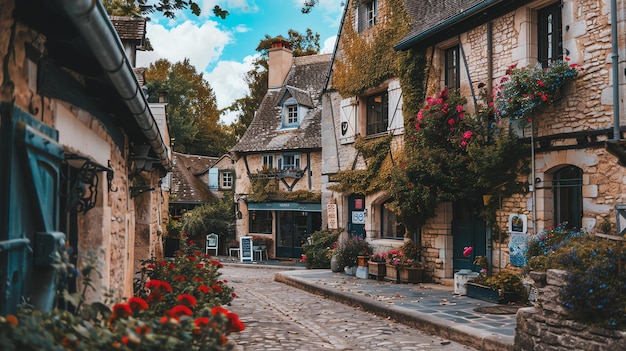 Charming narrow street in a small French village with stone cottages flowers and cobblestone road