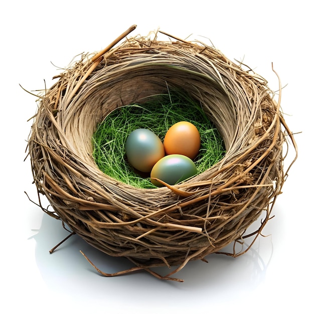 A charming nest of twigs with a soft green lining houses three beautifully colored eggs