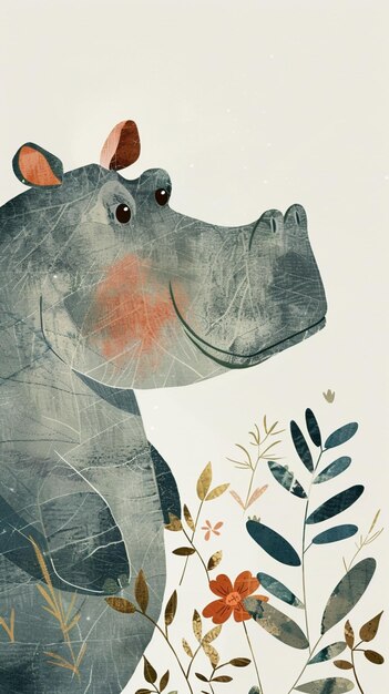 A charming nursery art illustration of a hippo in childrens storybook style