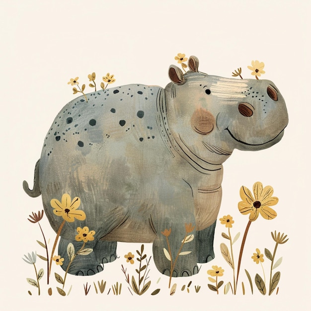 A charming nursery art illustration of a hippo in childrens storybook style