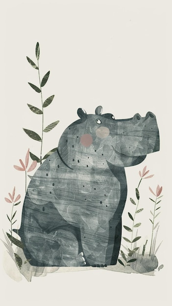 Photo a charming nursery art illustration of a hippo in childrens storybook style