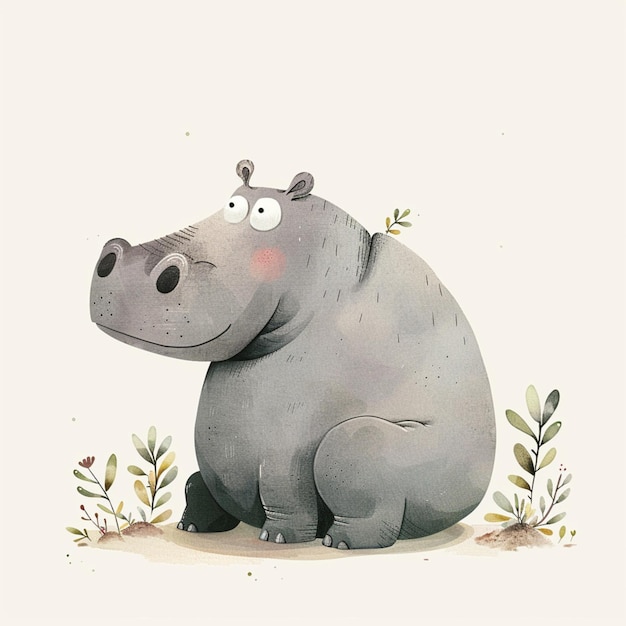 A charming nursery art illustration of a hippo in childrens storybook style