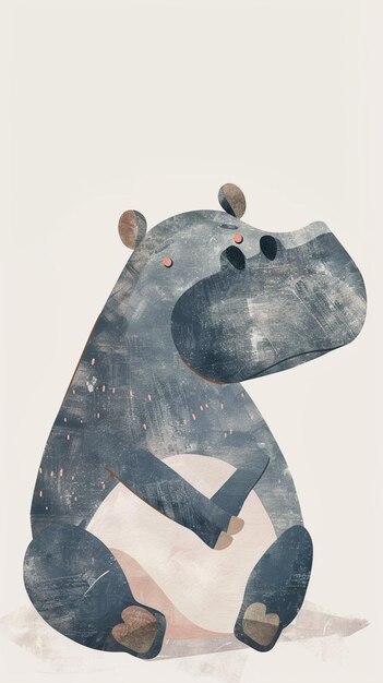 A charming nursery art illustration of a hippo in childrens storybook style