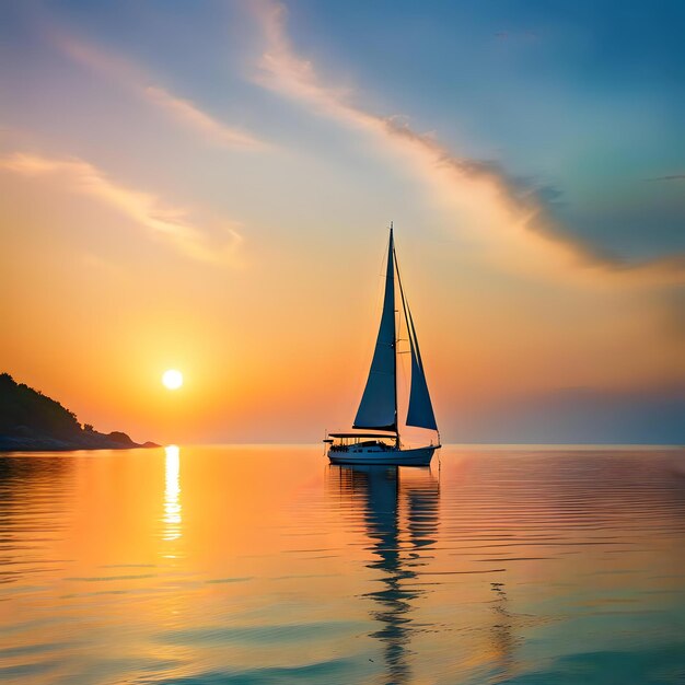 Charming Ocean Sunset Scene with Sailing Boat