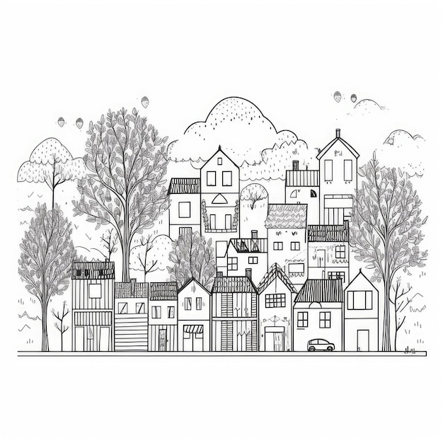 Charming OneLine Drawing of Houses Trees and Heart in Horizontal Pattern