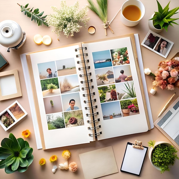 A charming open photo album filled with colorful snapshots and memories perfect for capturing lifes special moments and sharing them with loved ones