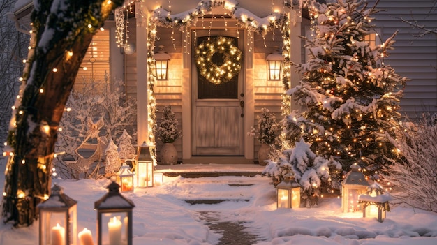 Charming Outdoor Christmas Display with Twinkling Lights Decorated Tree and Festive Lanterns