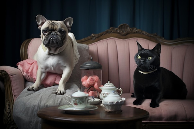 Charming pampered pets play side by side looking alert