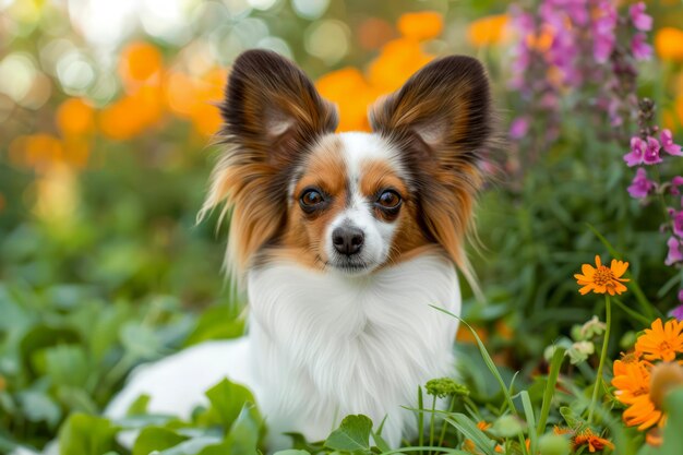 Charming Papillon Dog with Alert Ears Sitting in Vibrant Flower Garden Nature and Pet Themed