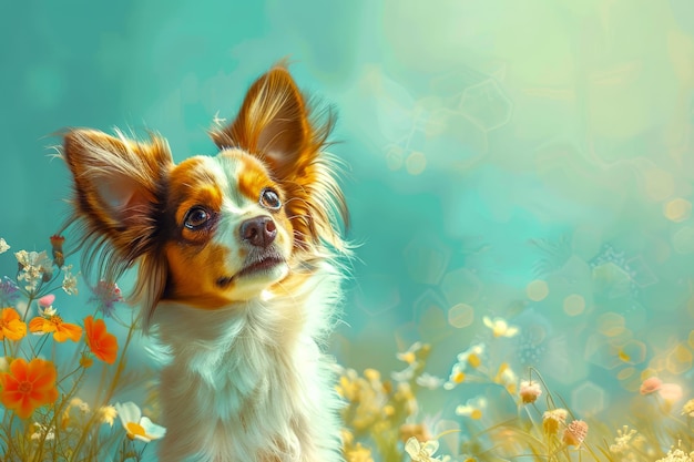 Charming Papillon Dog with Floppy Ears Enjoying Sunny Day Amidst Colorful Wildflowers Pet Bliss in