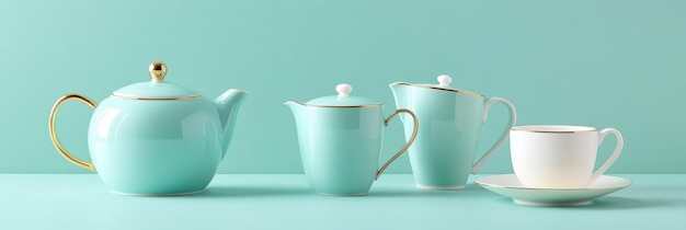 Photo a charming pastel blue tea set including a teapot creamer and teacup arranged on a mint gre