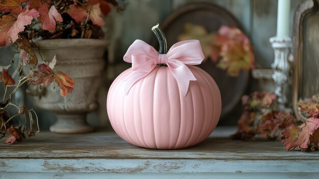 Photo charming pastel pink pumpkin with silk bow on wooden table perfect for autumn and halloween decor artistic and vibrant composition