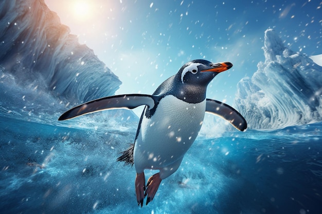 A charming penguin diving into crystalclear icy waters