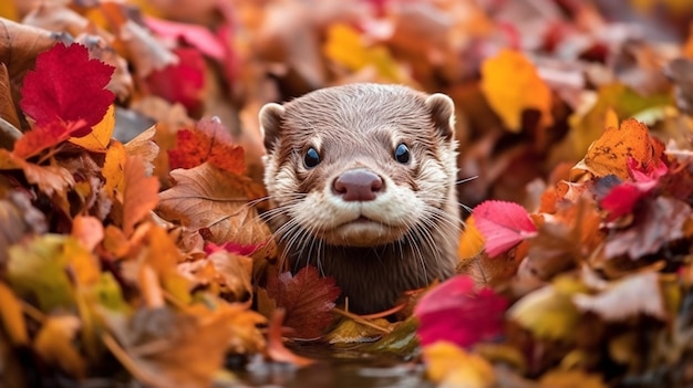 A charming photo of an otter peeking out from a pile of colorful autumn leaves blending in with its